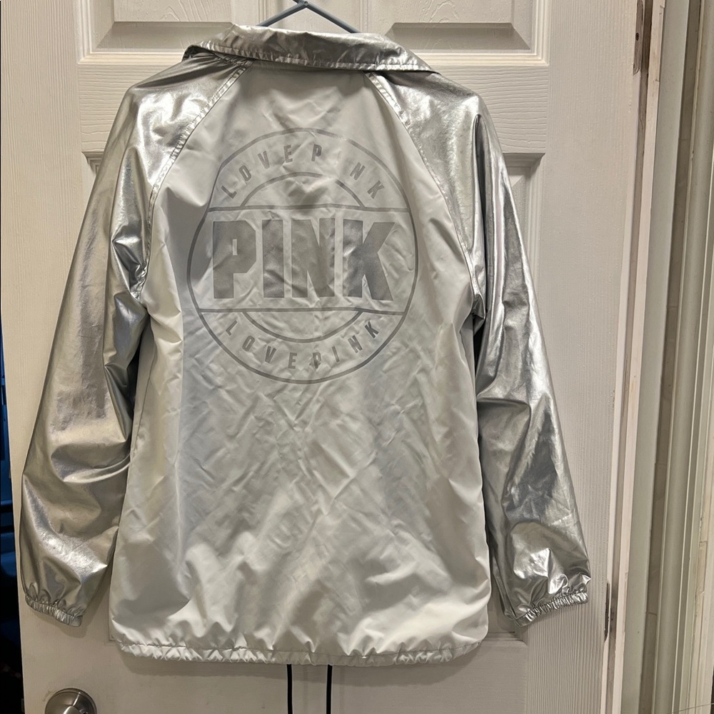 PINK Victoria's Secret Silver Metallic Logo Windbreaker Jacket